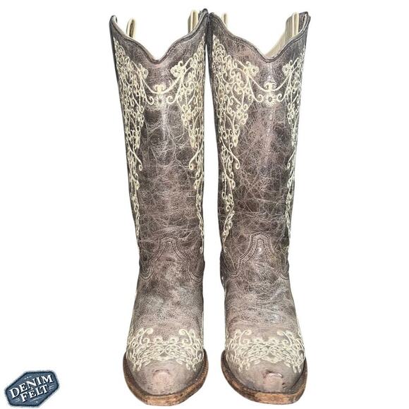 Corral Light Brown/Taupe Cream Crater Bone Embroidered Western Cowboy Boots - Picture 2 of 16